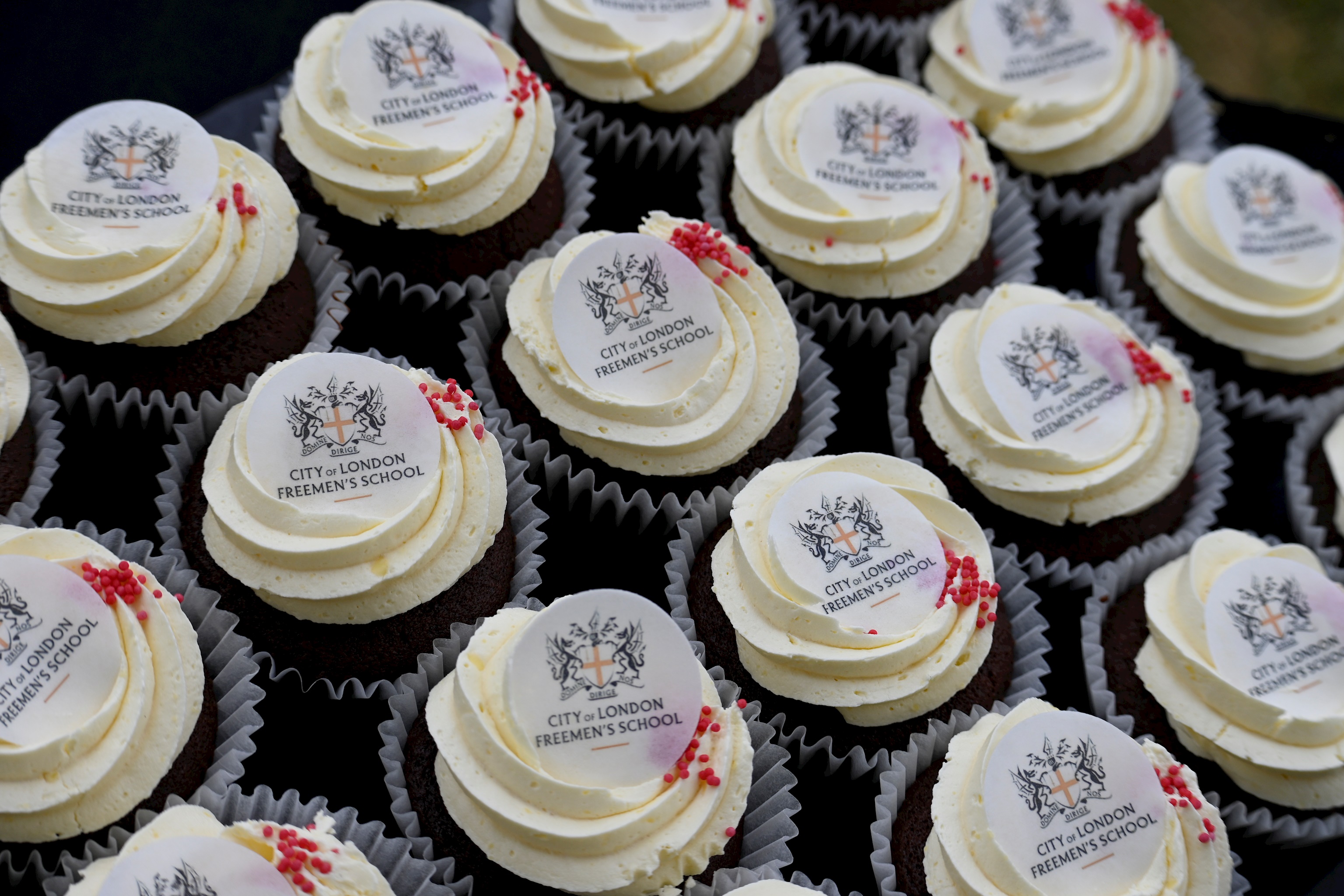 Freemen branded cupcakes with edible logo flake